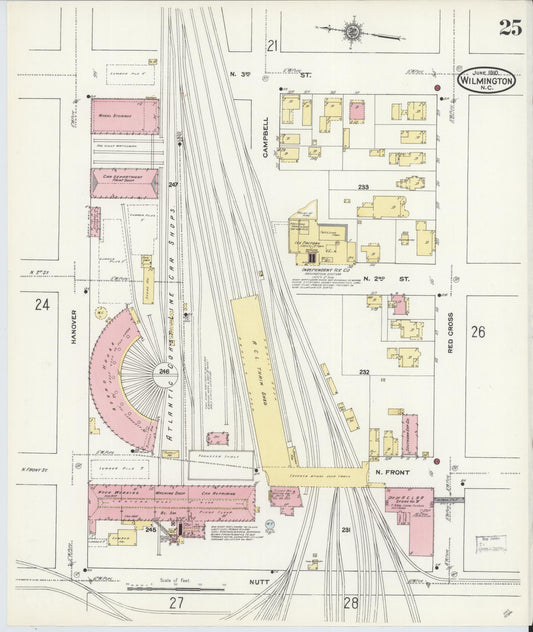 Sanborn Fire Insurance Map from Wilmington, New Hanover County, North Carolina (1910), Sheet #0025 - Historic Sanborn Fire Insurance Map Print, vintage old map wall art, antique decor, genealogy gift, North Carolina North Carolina map