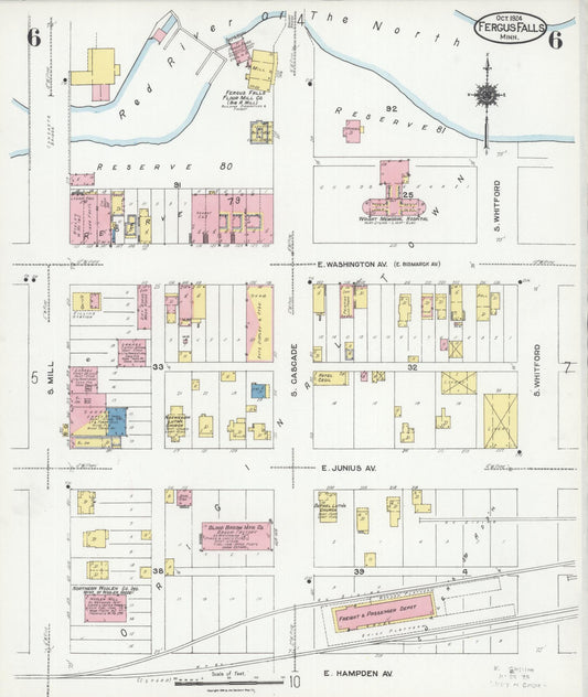 Sanborn Fire Insurance Map from Fergus Falls, Otter Tail County, Minnesota (1924), Sheet #0006 - Historic Sanborn Fire Insurance Map Print, vintage old map wall art, antique decor, genealogy gift, Minnesota Minnesota map