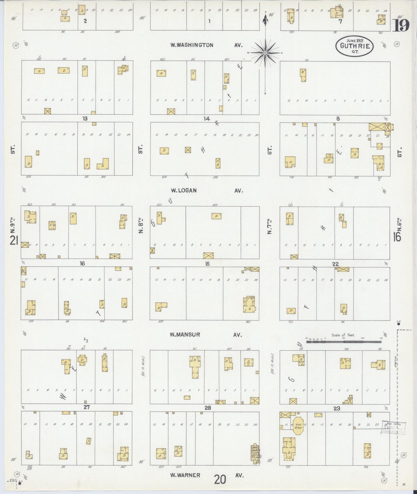 Sanborn Fire Insurance Map from Guthrie, Logan County, Oklahoma (1901), Sheet #0019 - Historic Sanborn Fire Insurance Map Print, vintage old map wall art, antique decor, genealogy gift, Oklahoma Oklahoma map