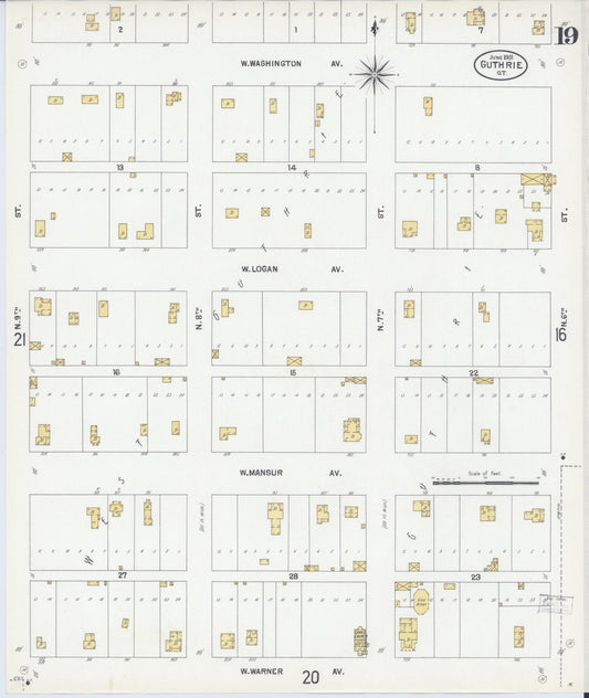 Sanborn Fire Insurance Map from Guthrie, Logan County, Oklahoma (1901), Sheet #0019 - Historic Sanborn Fire Insurance Map Print, vintage old map wall art, antique decor, genealogy gift, Oklahoma Oklahoma map