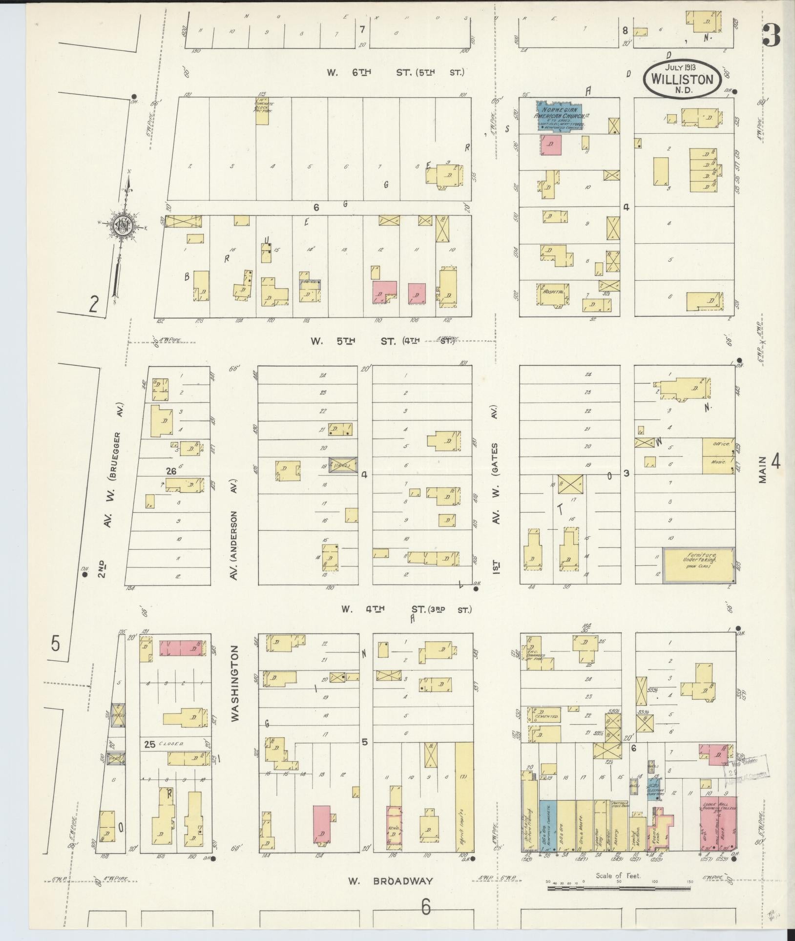 Sanborn Fire Insurance Map from Williston, Williams County, North Dakota (1913), Sheet #0003 - Complete Map Set gallery image, historic Sanborn map, vintage wall art, North Dakota North Dakota