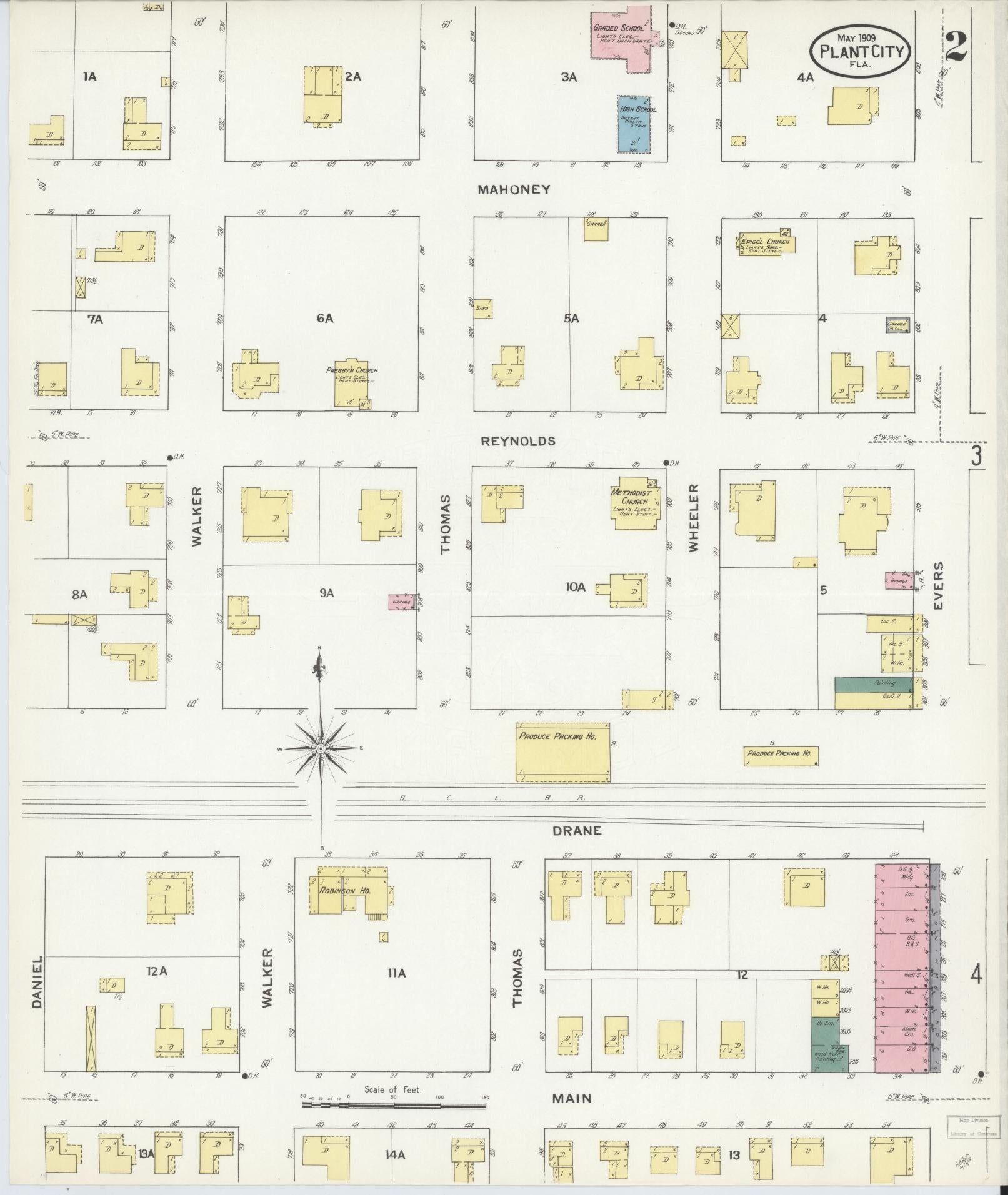 Sanborn Fire Insurance Map from Plant City, Hillborough County, Florida (1909), Sheet #0002 - Complete Map Set gallery image, historic Sanborn map, vintage wall art, Florida Florida