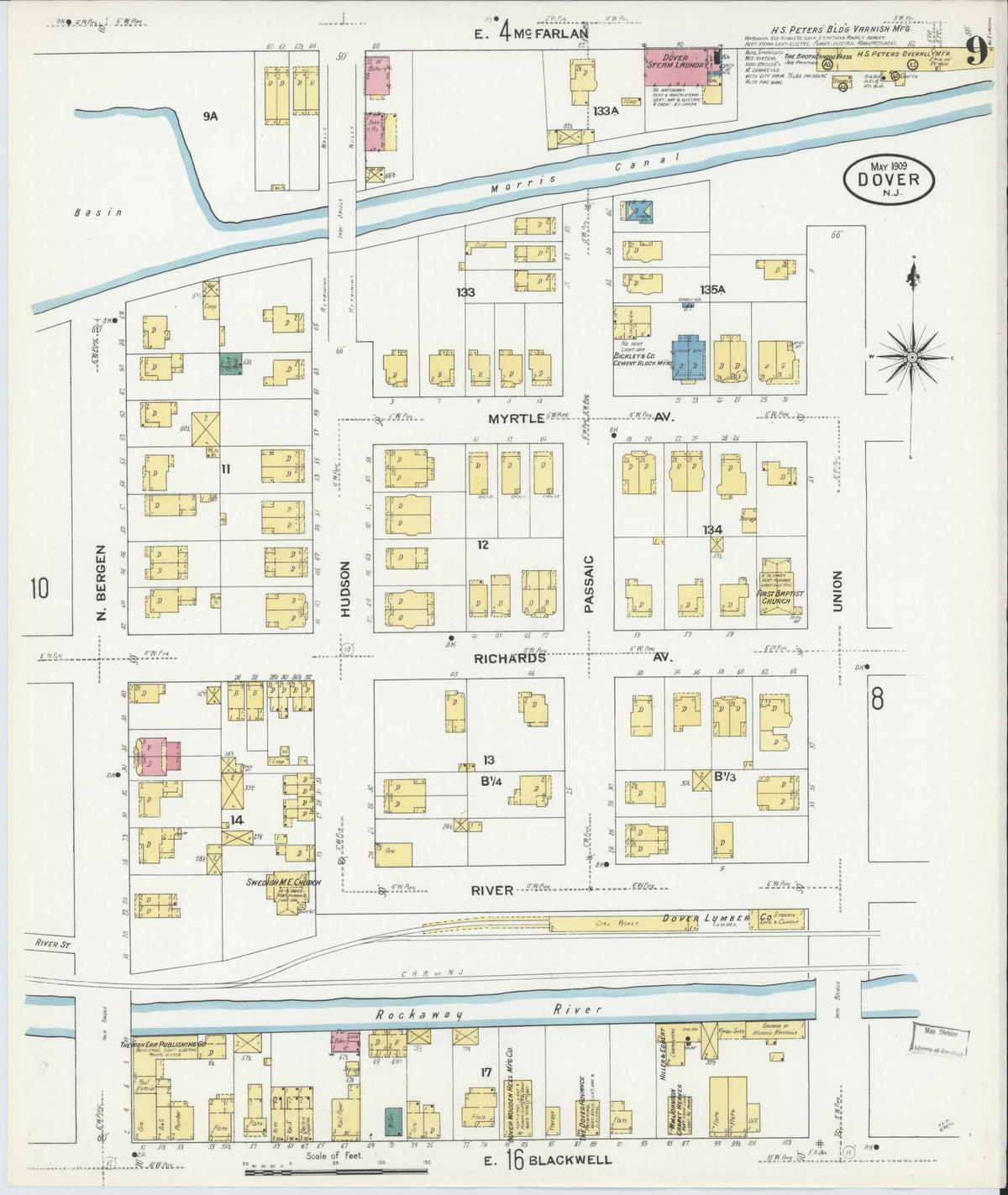 Sanborn Fire Insurance Map from Dover, Morris County, New Jersey (1909), Sheet #0009 - Complete Map Set gallery image, historic Sanborn map, vintage wall art, New Jersey New Jersey
