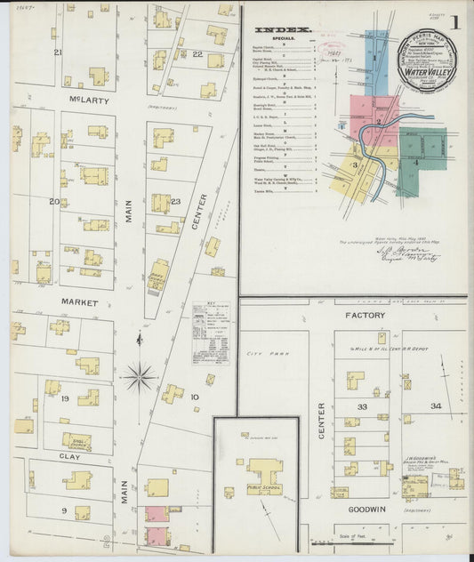 Sanborn Fire Insurance Map from Water Valley, Yalobusha County, Mississippi (1893), Sheet #0001 - Historic Sanborn Fire Insurance Map Print, vintage old map wall art, antique decor, genealogy gift, Mississippi Mississippi map