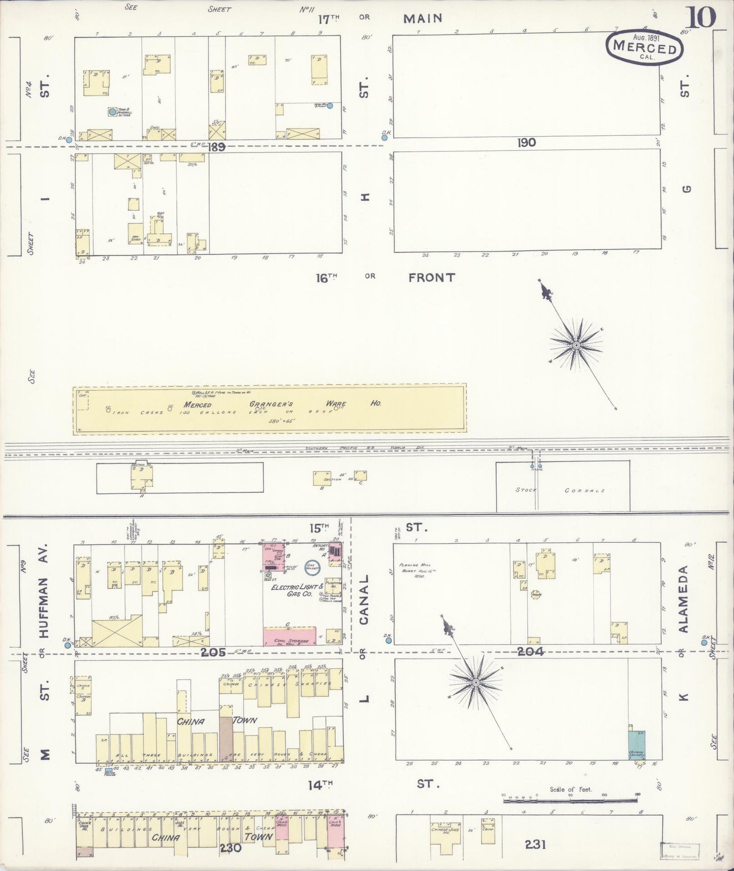 Sanborn Fire Insurance Map from Merced, Merced County, California (1891), Sheet #0010 - Historic Sanborn Fire Insurance Map Print, vintage old map wall art, antique decor, genealogy gift, California California map