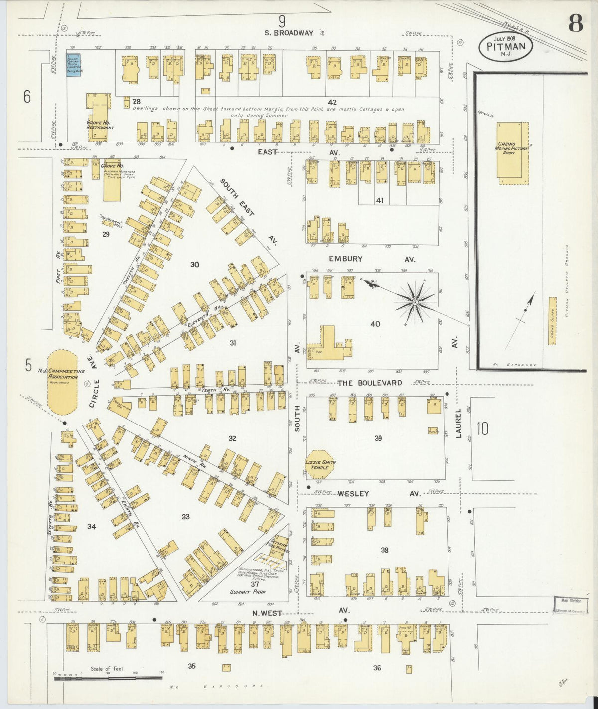 Sanborn Fire Insurance Map from Pitman, Gloucester County, New Jersey (1908), Sheet #0008 - Historic Sanborn Fire Insurance Map Print, vintage old map wall art, antique decor, genealogy gift, New Jersey New Jersey map