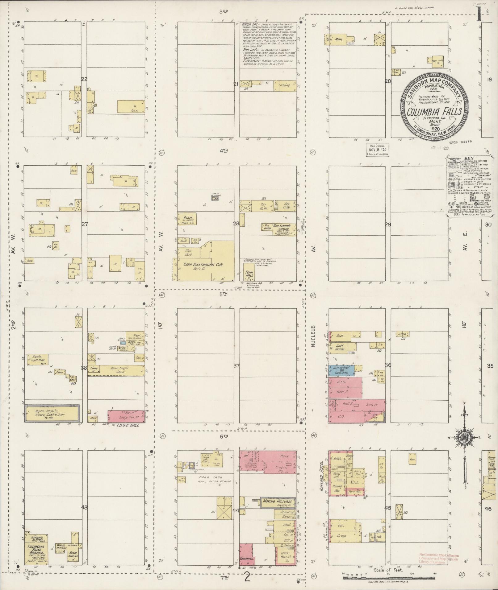Sanborn Fire Insurance Map from Columbia Falls, Flathead County, Montana (1920), Sheet #0001 - Complete Map Set gallery image, historic Sanborn map, vintage wall art, Montana Montana
