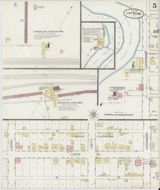 Sanborn Fire Insurance Map from Latrobe, Westmoreland County, Pennsylvania (1887), Sheet #0005 - Historic Sanborn Fire Insurance Map Print, vintage old map wall art, antique decor, genealogy gift, Pennsylvania Pennsylvania map