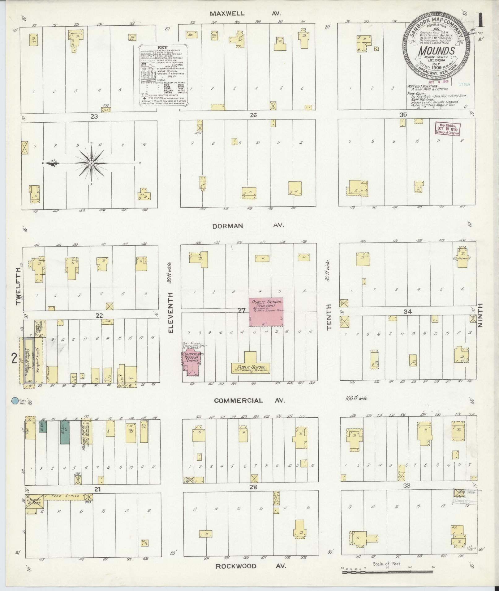 Sanborn Fire Insurance Map from Mounds, Creek County, Oklahoma (1909), Sheet #0001 - Historic Sanborn Fire Insurance Map Print, vintage old map wall art, antique decor, genealogy gift, Oklahoma Oklahoma map