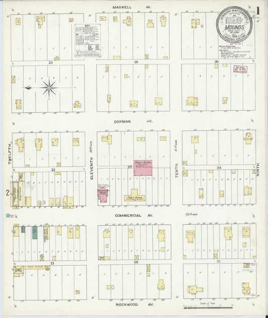 Sanborn Fire Insurance Map from Mounds, Creek County, Oklahoma (1909), Sheet #0001 - Historic Sanborn Fire Insurance Map Print, vintage old map wall art, antique decor, genealogy gift, Oklahoma Oklahoma map