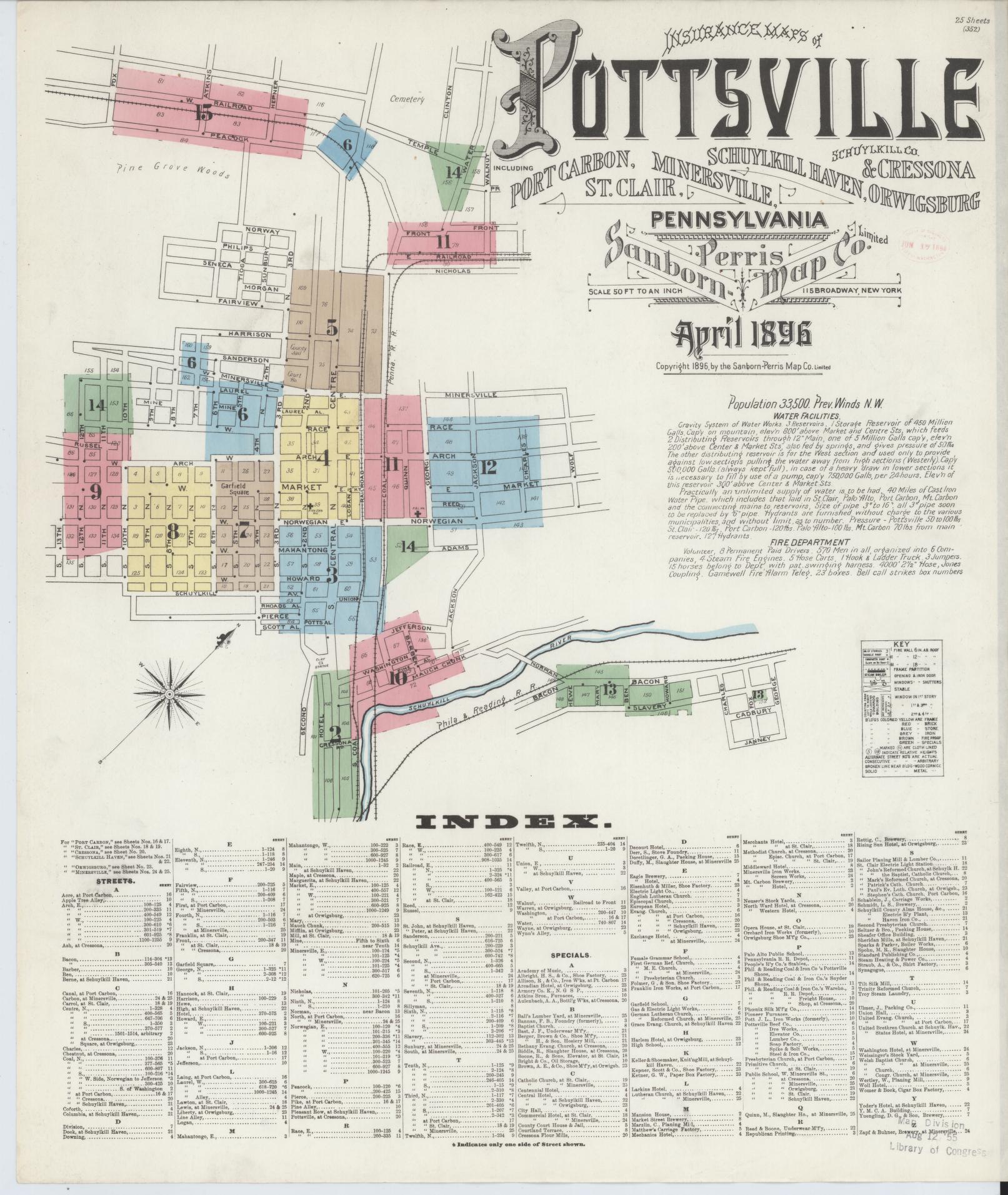Sanborn Fire Insurance Map from Pottsville, Schuylkill County, Pennsylvania (1895), Sheet #0001 - Complete Map Set gallery image, historic Sanborn map, vintage wall art, Pennsylvania Pennsylvania