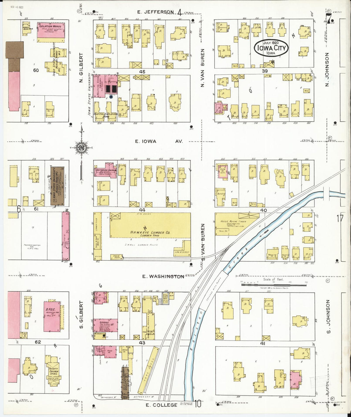 Sanborn Fire Insurance Map from Iowa City, Johnson County, Iowa (1920), Sheet #0007 - Historic Sanborn Fire Insurance Map Print