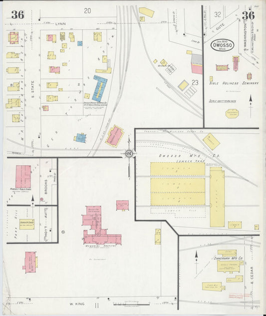 Sanborn Fire Insurance Map from Owosso, Shiawassee County, Michigan (1930), Sheet #0036 - Historic Sanborn Fire Insurance Map Print, vintage old map wall art, antique decor, genealogy gift, Michigan Michigan map