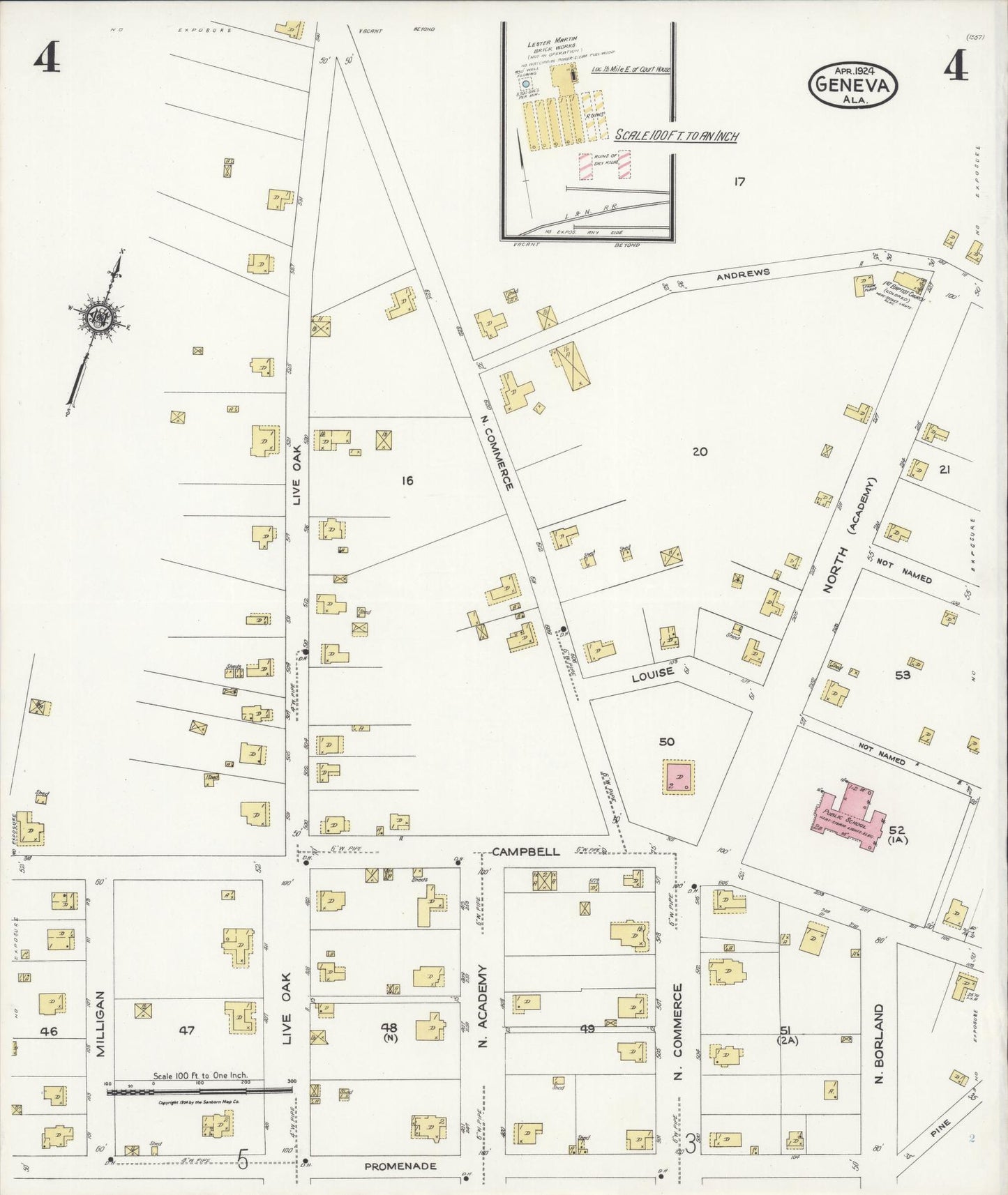 Sanborn Fire Insurance Map from Geneva, Geneva County, Alabama (1924), Sheet #0004 - Complete Map Set gallery image, historic Sanborn map, vintage wall art, Alabama Alabama