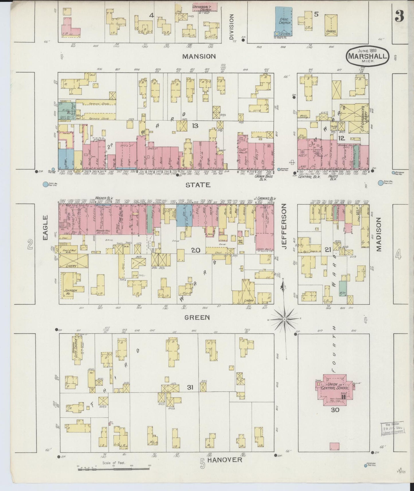 Sanborn Fire Insurance Map from Marshall, Calhoun County, Michigan (1893), Sheet #0003 - Historic Sanborn Fire Insurance Map Print, vintage old map wall art, antique decor, genealogy gift, Michigan Michigan map