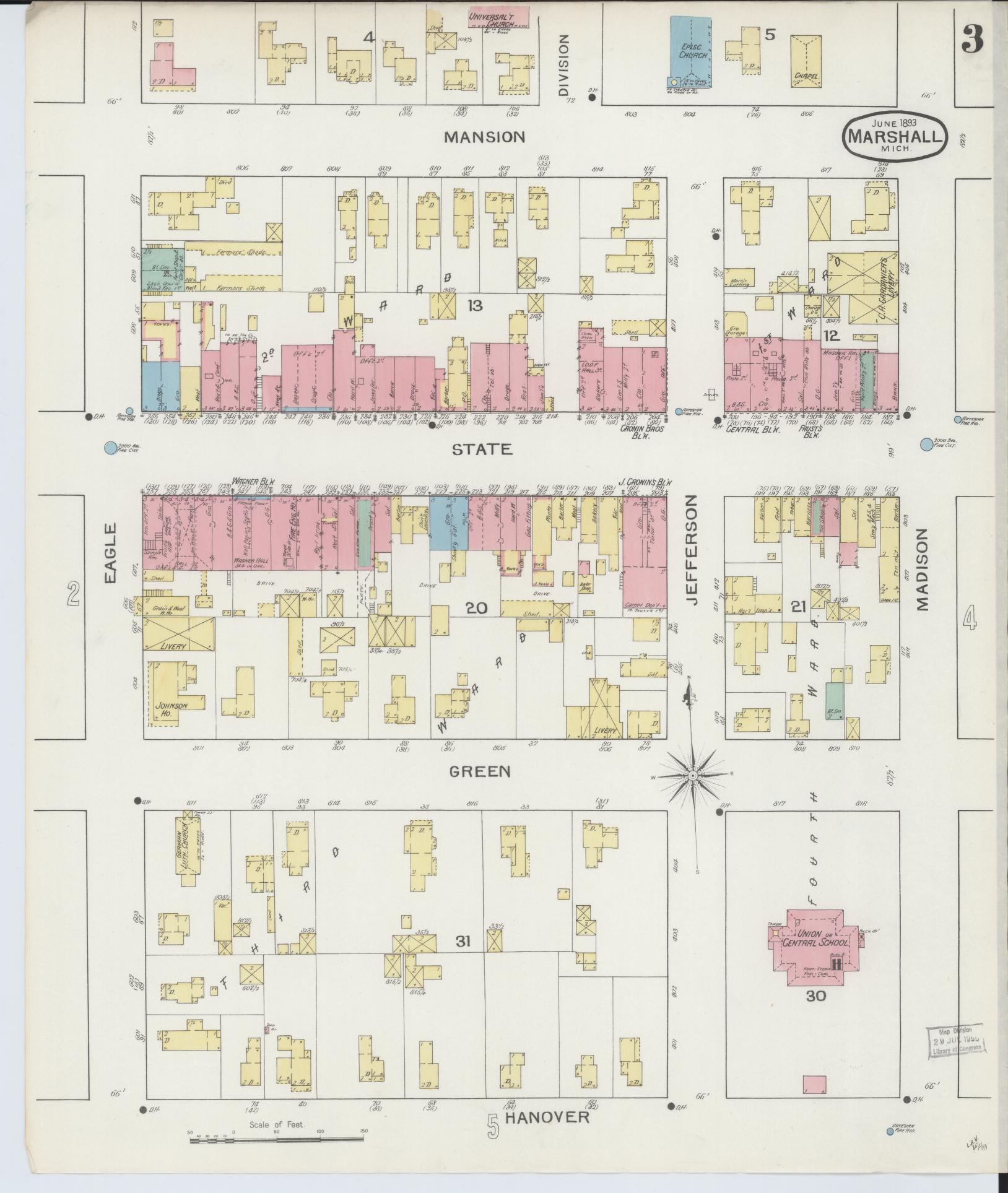 Sanborn Fire Insurance Map from Marshall, Calhoun County, Michigan (1893), Sheet #0003 - Historic Sanborn Fire Insurance Map Print, vintage old map wall art, antique decor, genealogy gift, Michigan Michigan map
