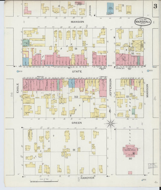 Sanborn Fire Insurance Map from Marshall, Calhoun County, Michigan (1893), Sheet #0003 - Historic Sanborn Fire Insurance Map Print, vintage old map wall art, antique decor, genealogy gift, Michigan Michigan map