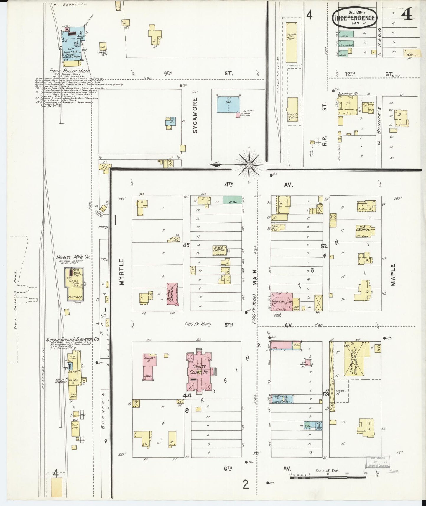 Sanborn Fire Insurance Map from Independence, Montgomery County, Kansas (1896), Sheet #0004 - Historic Sanborn Fire Insurance Map Print, vintage old map wall art, antique decor, genealogy gift, Kansas Kansas map