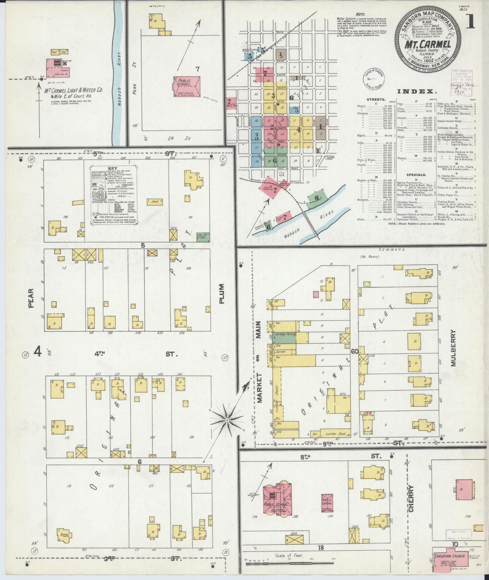 Sanborn Fire Insurance Map from Mount Carmel, Wabash County, Illinois (1902), Sheet #0001 - Complete Map Set gallery image, historic Sanborn map, vintage wall art, Illinois Illinois