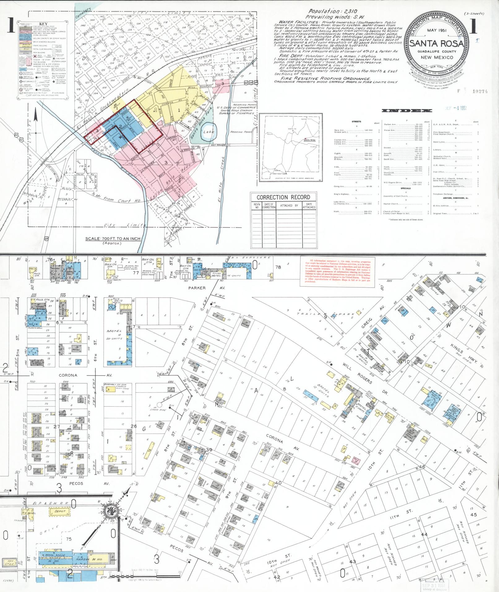 Sanborn Fire Insurance Map from Santa Rosa, Guadalupe County, New Mexico (1951), Sheet #0001 - Complete Map Set gallery image, historic Sanborn map, vintage wall art, New Mexico New Mexico