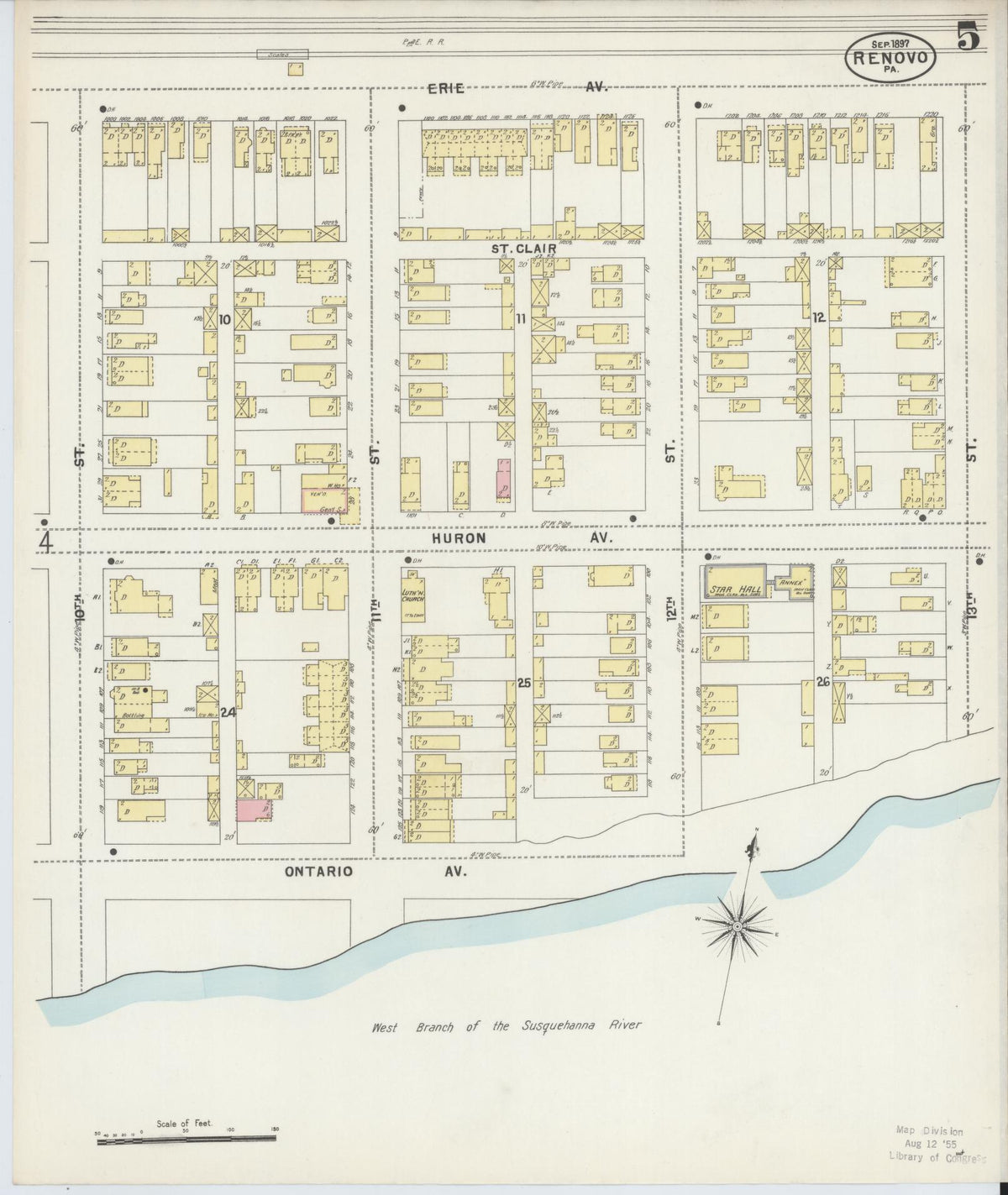 Sanborn Fire Insurance Map from Renovo, Clinton County, Pennsylvania (1897), Sheet #0005 - Historic Sanborn Fire Insurance Map Print, vintage old map wall art, antique decor, genealogy gift, Pennsylvania Pennsylvania map