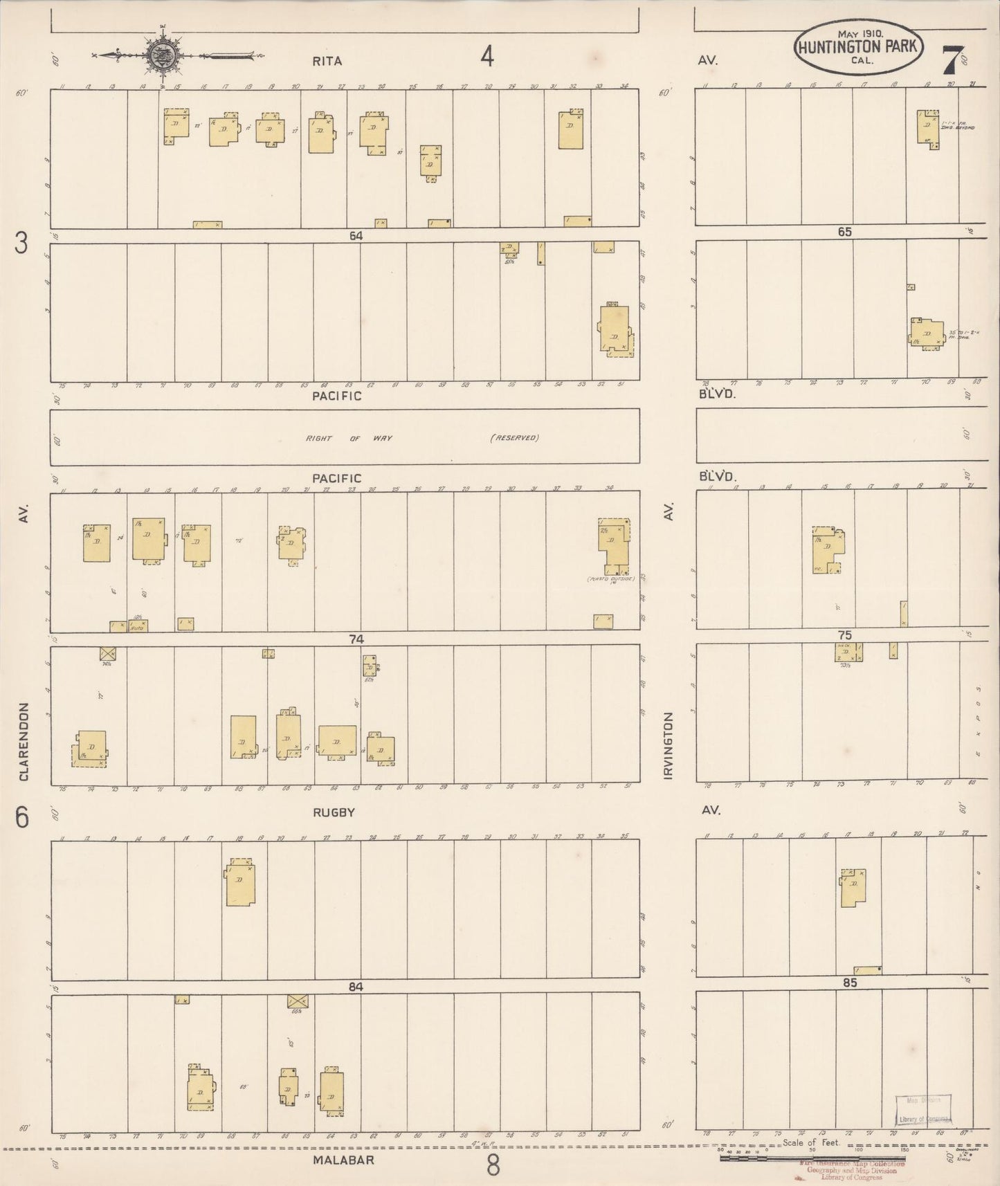 Sanborn Fire Insurance Map from Huntington Park, Los Angeles County, California (1910), Sheet #0007 - Historic Sanborn Fire Insurance Map Print, vintage old map wall art, antique decor, genealogy gift, California California map