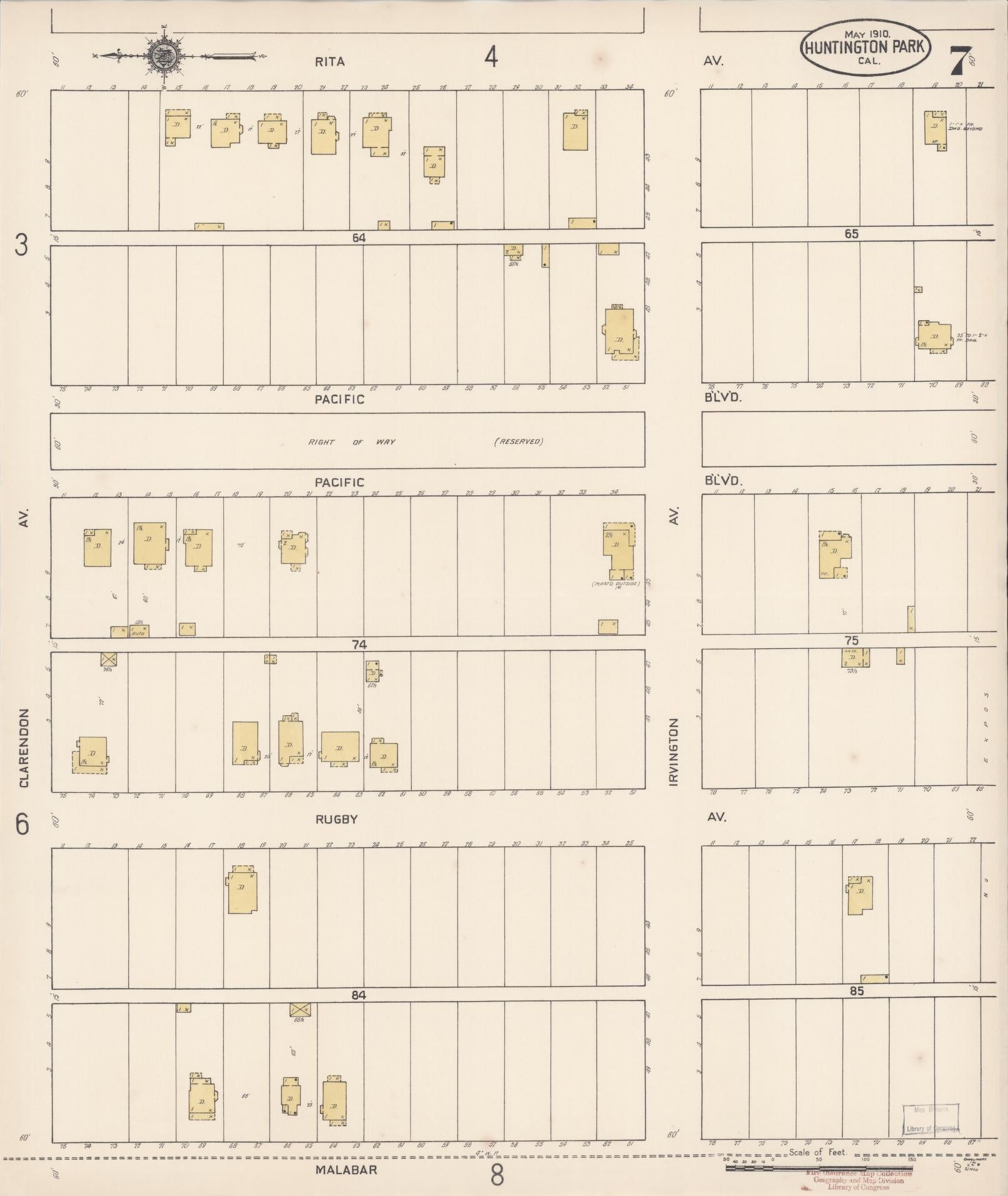 Sanborn Fire Insurance Map from Huntington Park, Los Angeles County, California (1910), Sheet #0007 - Historic Sanborn Fire Insurance Map Print, vintage old map wall art, antique decor, genealogy gift, California California map