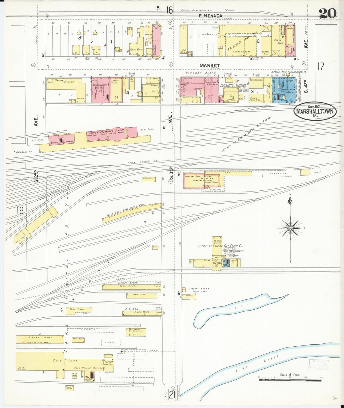 Sanborn Fire Insurance Map from Marshalltown, Marshall County, Iowa (1901), Sheet #0020 - Historic Sanborn Fire Insurance Map Print, vintage old map wall art