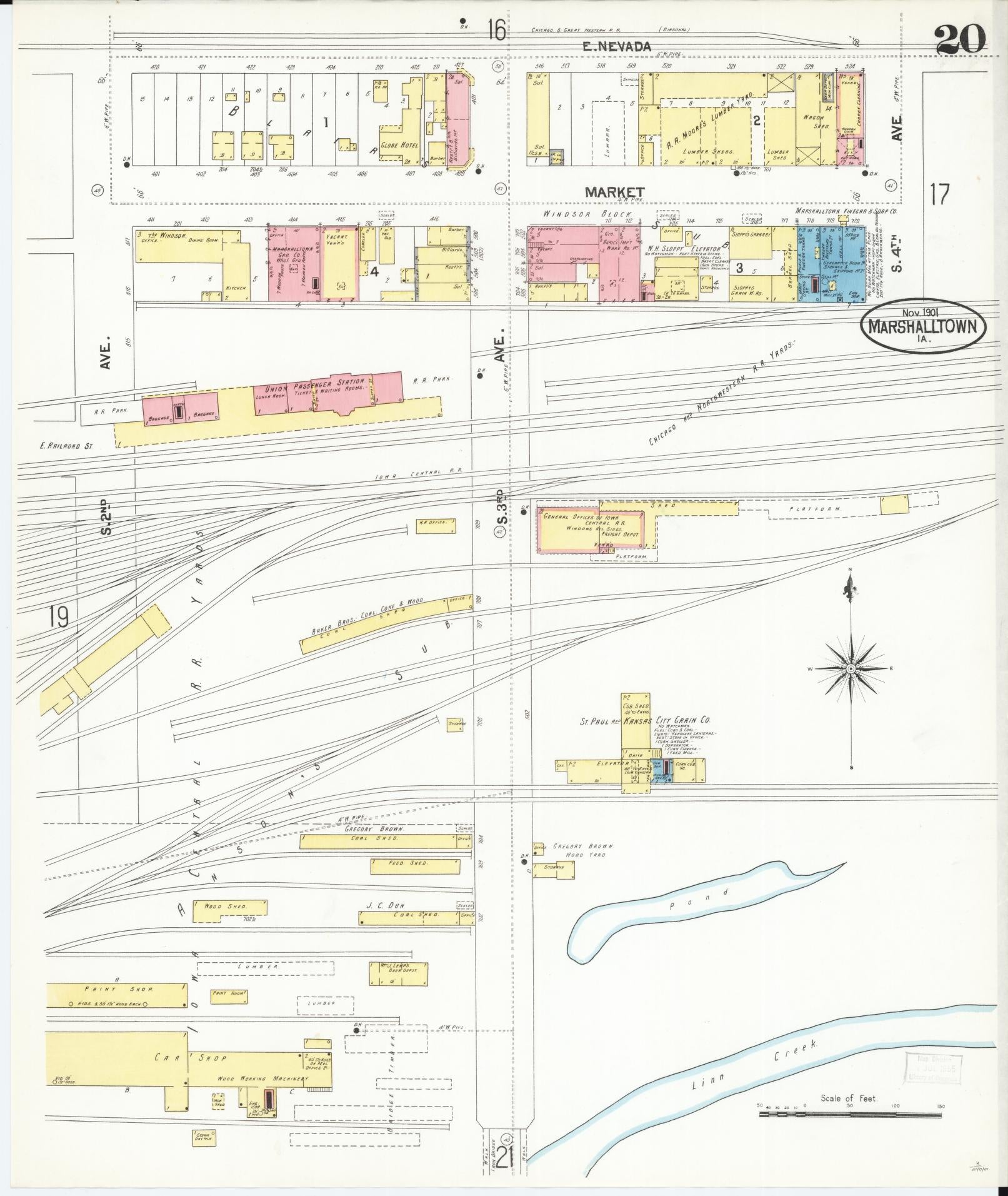Sanborn Fire Insurance Map from Marshalltown, Marshall County, Iowa (1901), Sheet #0020 - Historic Sanborn Fire Insurance Map Print, vintage old map wall art
