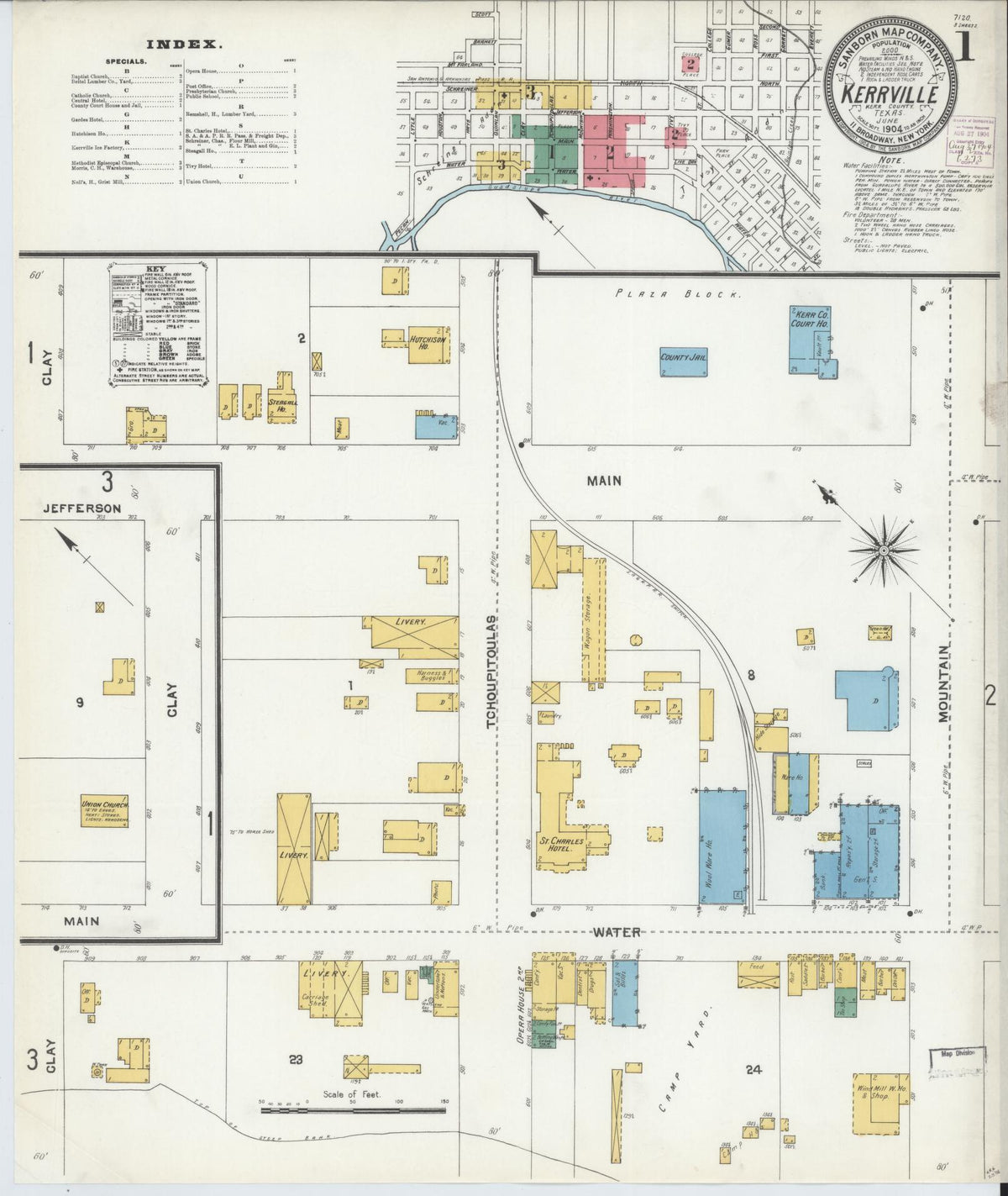 Sanborn Fire Insurance Map from Kerrville, Kerr County, Texas (1904), Sheet #0001 - Complete Map Set gallery image, historic Sanborn map, vintage wall art, Texas Texas