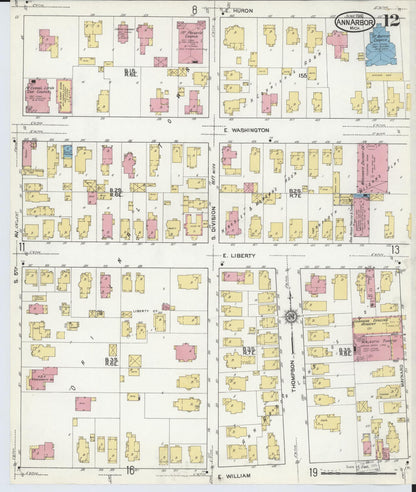 Sanborn Fire Insurance Map from Ann Arbor, Washtenaw County, Michigan (1916), Sheet #0012 - Historic Sanborn Fire Insurance Map Print, vintage old map wall art, antique decor, genealogy gift, Michigan Michigan map