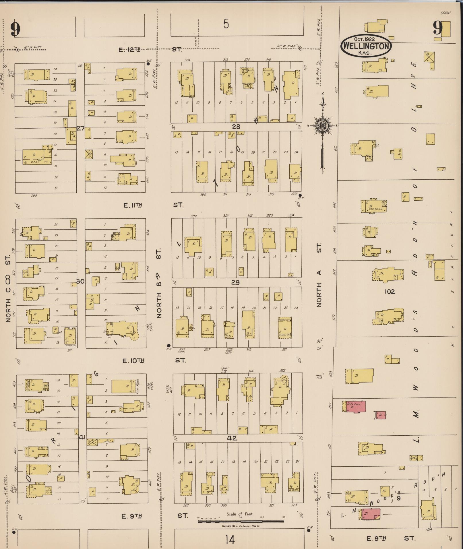 Sanborn Fire Insurance Map from Wellington, Sumner County, Kansas (1922), Sheet #0009 - Historic Sanborn Fire Insurance Map Print, vintage old map wall art, antique decor, genealogy gift, Kansas Kansas map