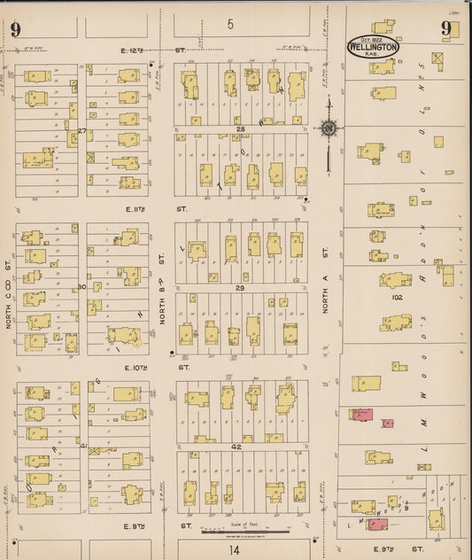 Sanborn Fire Insurance Map from Wellington, Sumner County, Kansas (1922), Sheet #0009 - Historic Sanborn Fire Insurance Map Print, vintage old map wall art, antique decor, genealogy gift, Kansas Kansas map