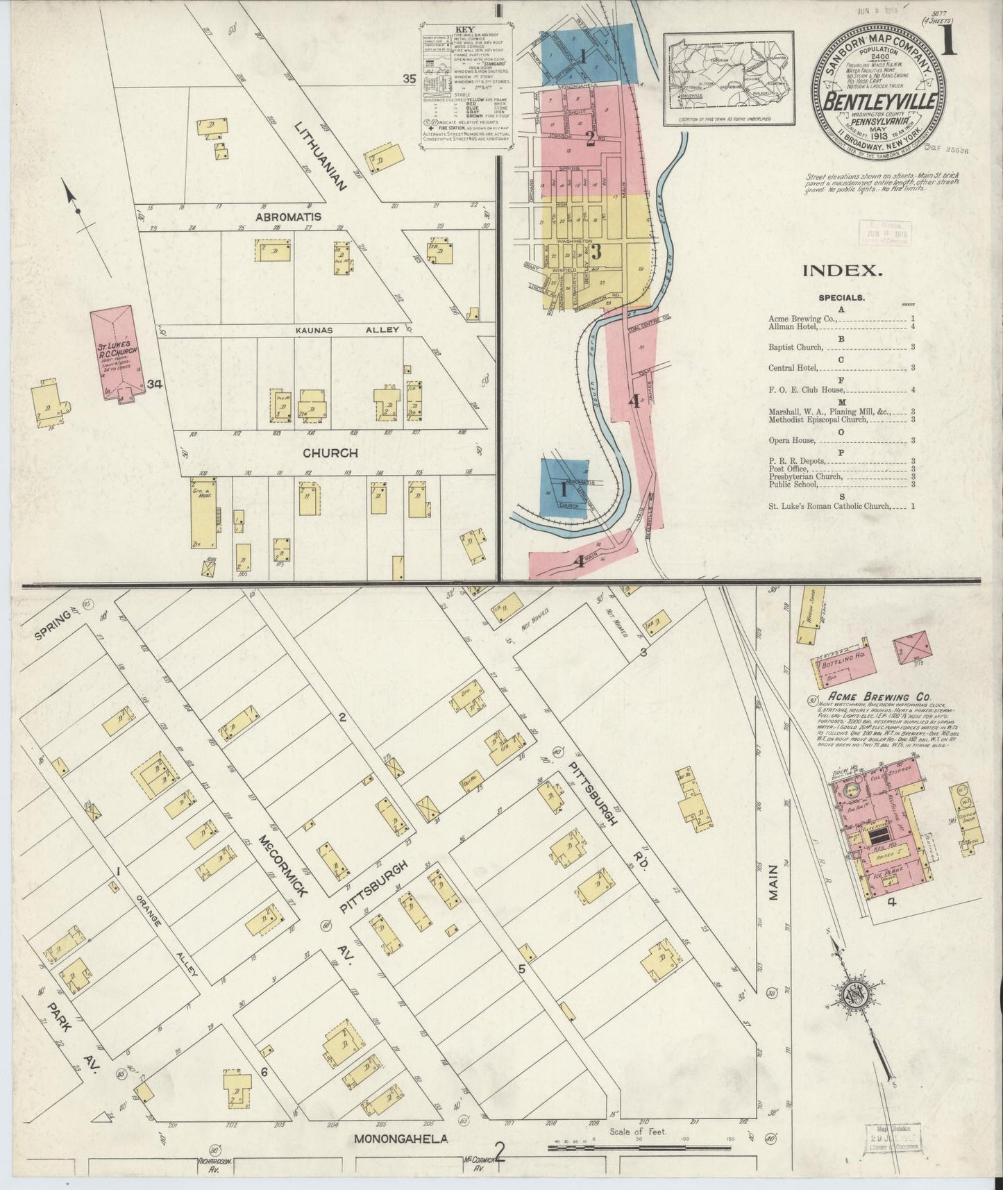 Sanborn Fire Insurance Map from Bentleyville, Washington County, Pennsylvania (1913), Sheet #0001 - Historic Sanborn Fire Insurance Map Print, vintage old map wall art, antique decor, genealogy gift, Pennsylvania Pennsylvania map