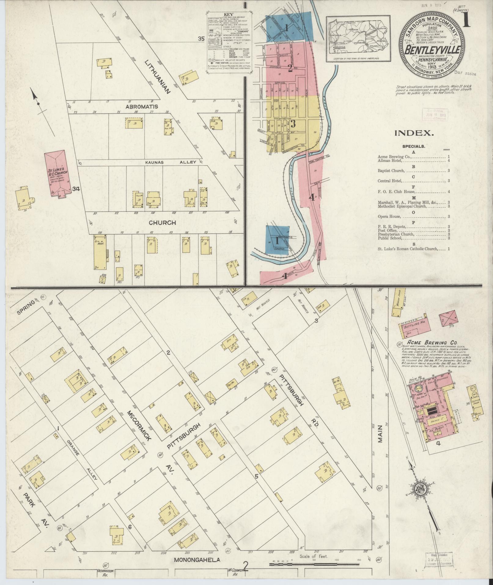 Sanborn Fire Insurance Map from Bentleyville, Washington County, Pennsylvania (1913), Sheet #0001 - Historic Sanborn Fire Insurance Map Print, vintage old map wall art, antique decor, genealogy gift, Pennsylvania Pennsylvania map