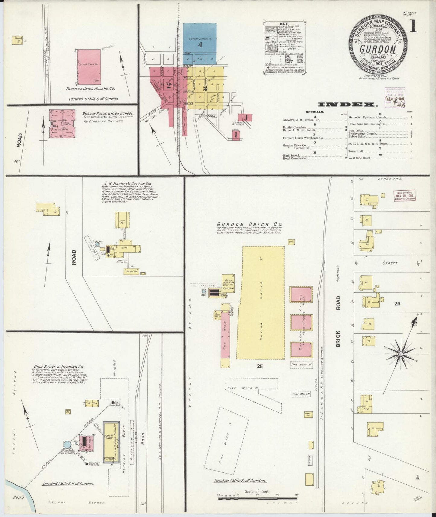 Sanborn Fire Insurance Map from Gurdon, Clark County, Arkansas (1909), Sheet #0001 - Historic Sanborn Fire Insurance Map Print, vintage old map wall art, antique decor, genealogy gift, Arkansas Arkansas map
