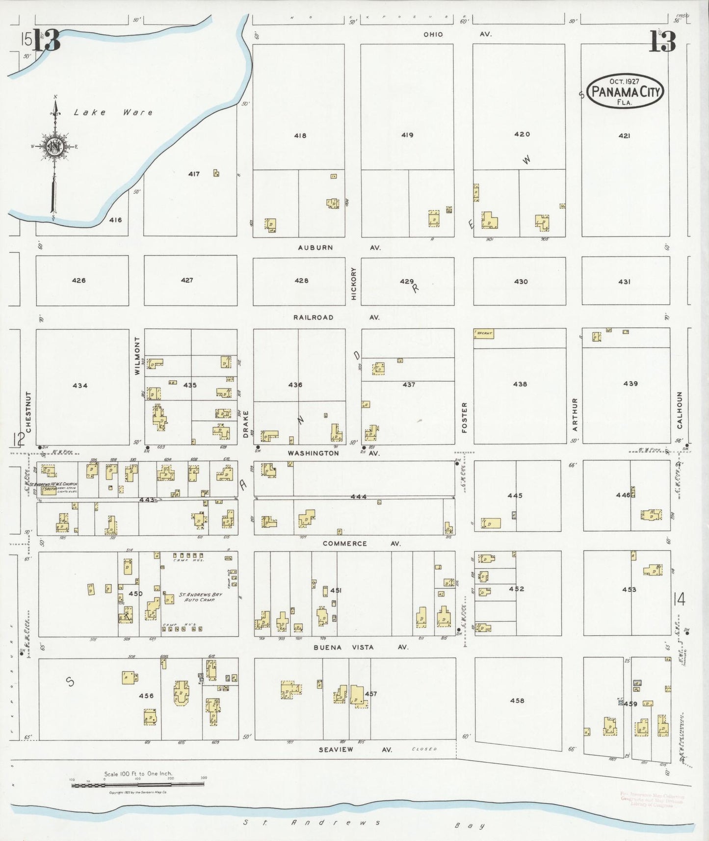 Sanborn Fire Insurance Map from Panama City, Bay County, Florida (1927), Sheet #0013 - Historic Sanborn Fire Insurance Map Print, vintage old map wall art, antique decor, genealogy gift, Florida Florida map
