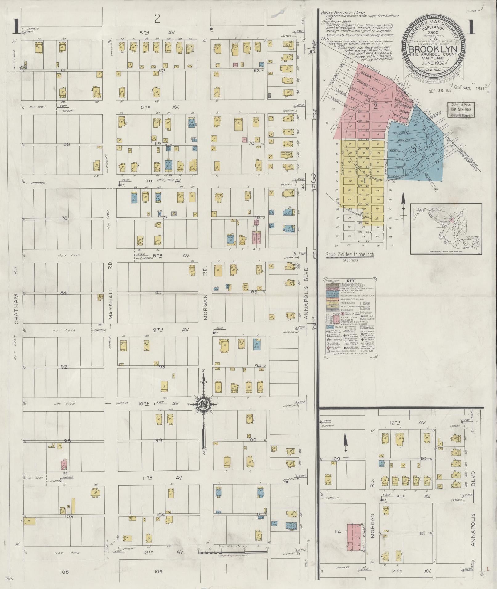 Sanborn Fire Insurance Map from Brooklyn, Anne Arundel County, Maryland (1932), Sheet #0001 - Historic Sanborn Fire Insurance Map Print, vintage old map wall art, antique decor, genealogy gift, Maryland Maryland map