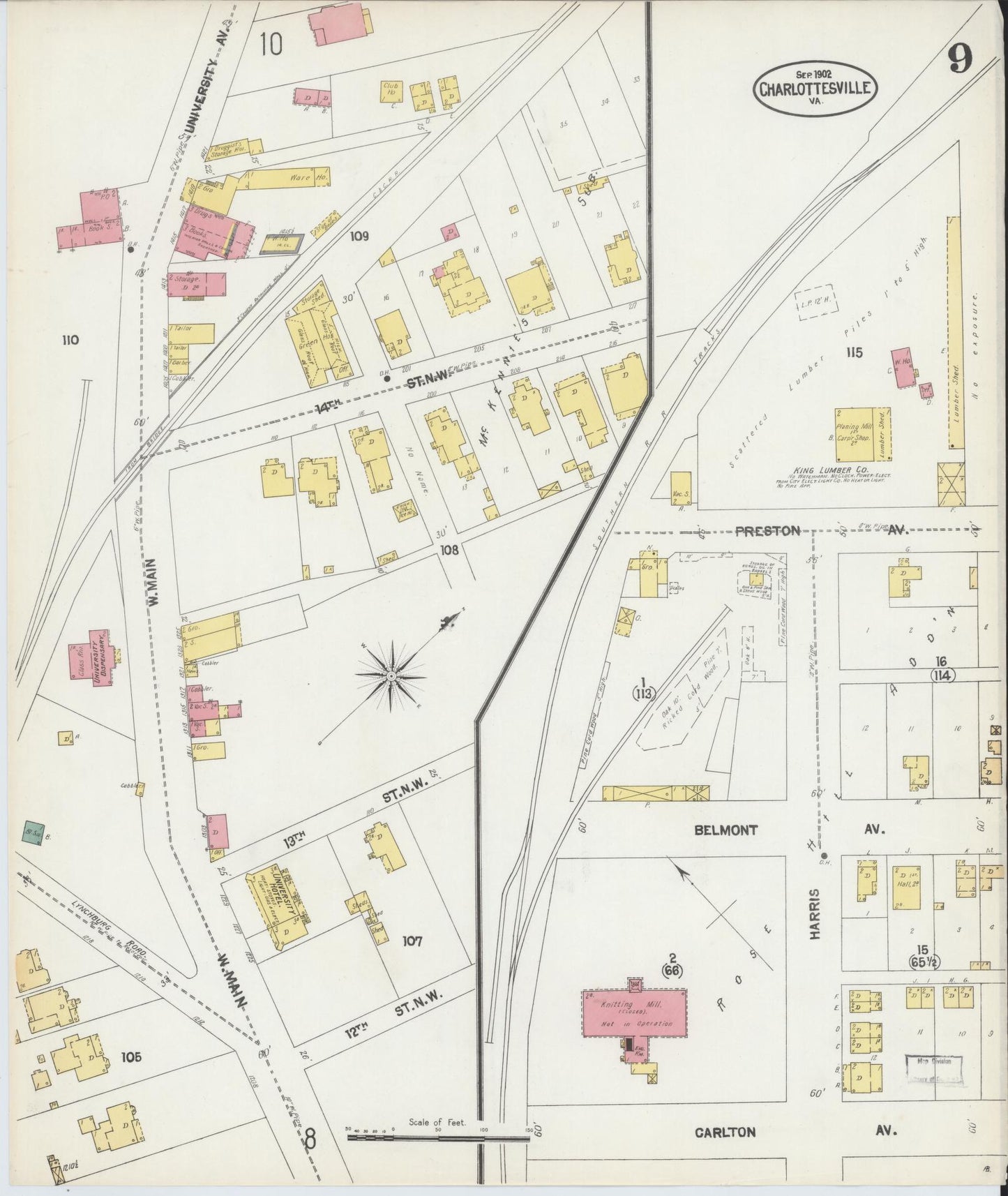 Sanborn Fire Insurance Map from Charlottesville, Independent Cities, Virginia (1902), Sheet #0009 - Complete Map Set gallery image, historic Sanborn map, vintage wall art, Virginia Virginia