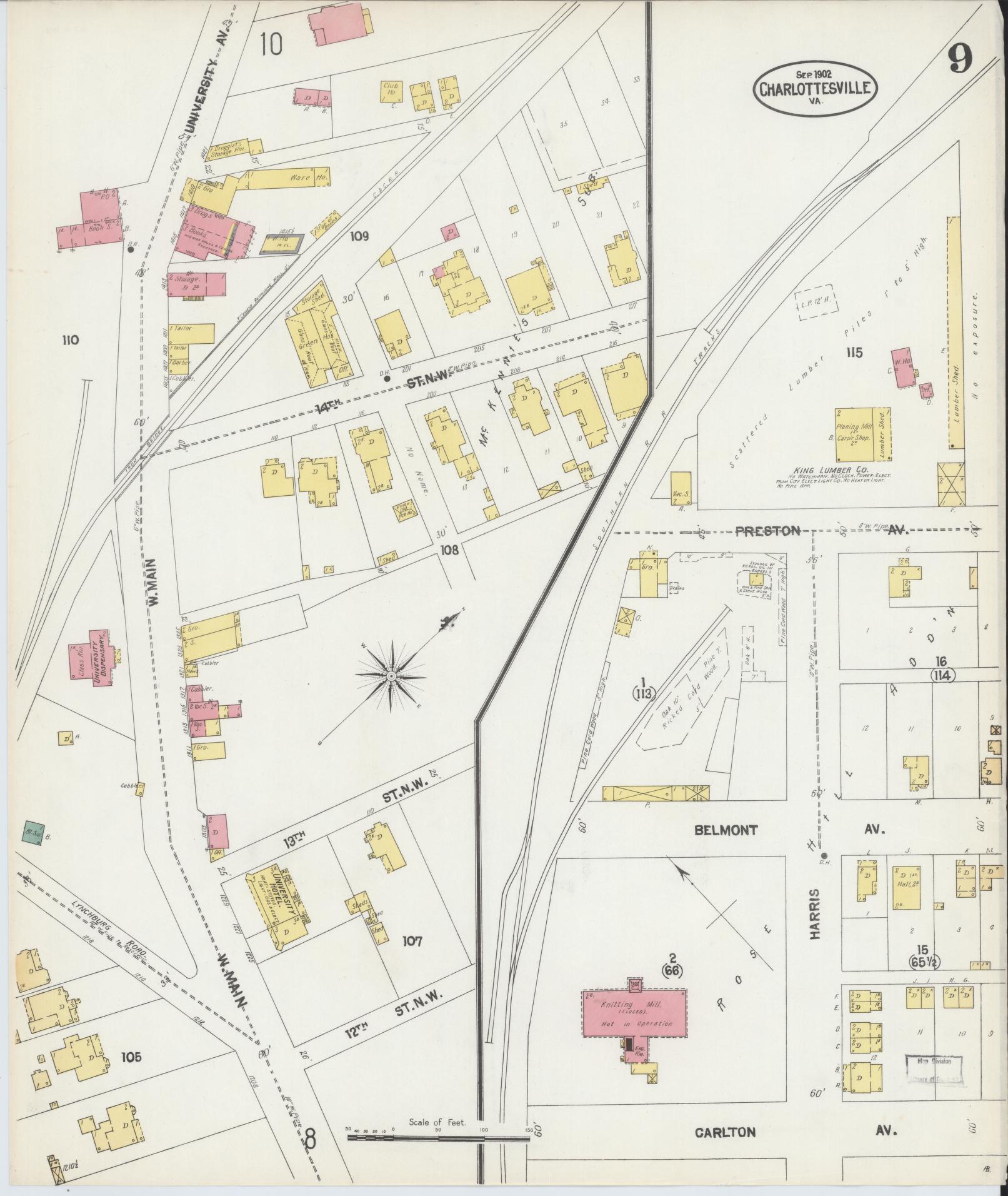 Sanborn Fire Insurance Map from Charlottesville, Independent Cities, Virginia (1902), Sheet #0009 - Complete Map Set gallery image, historic Sanborn map, vintage wall art, Virginia Virginia