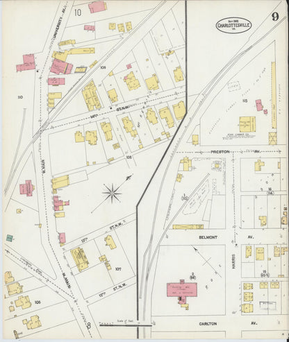 Sanborn Fire Insurance Map from Charlottesville, Independent Cities, Virginia (1902), Sheet #0009 - Complete Map Set gallery image, historic Sanborn map, vintage wall art, Virginia Virginia