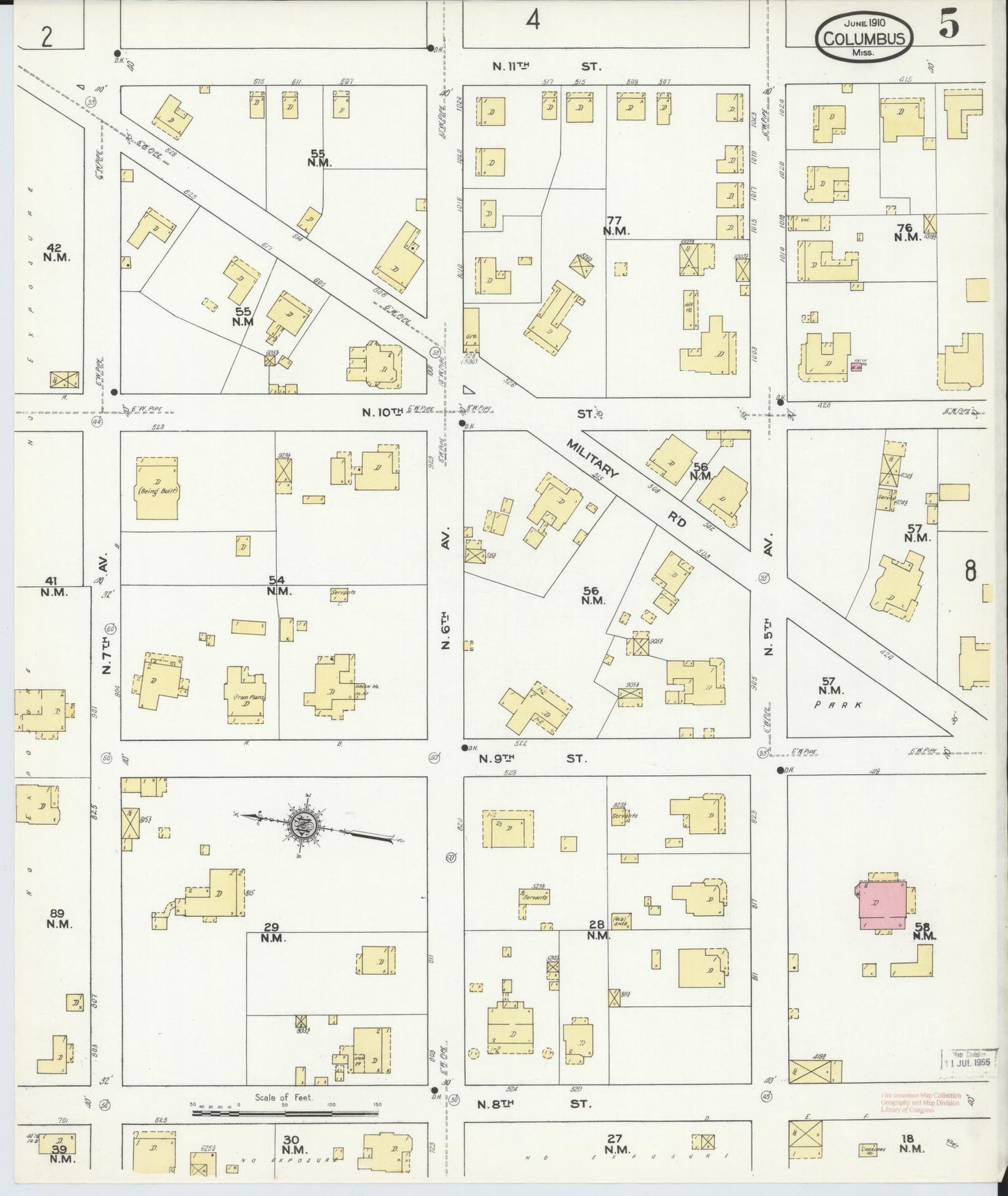 Sanborn Fire Insurance Map from Columbus, Lowndes County, Mississippi (1910), Sheet #0005 - Historic Sanborn Fire Insurance Map Print, vintage old map wall art, antique decor, genealogy gift, Mississippi Mississippi map