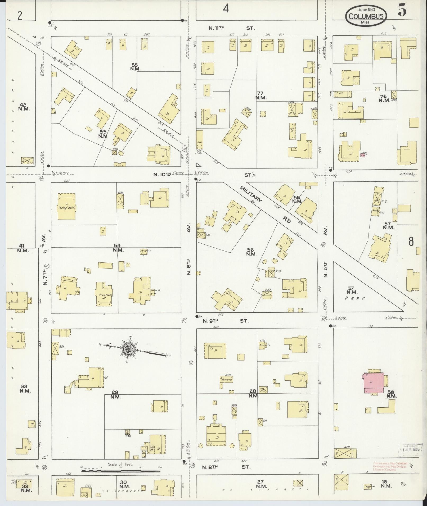 Sanborn Fire Insurance Map from Columbus, Lowndes County, Mississippi (1910), Sheet #0005 - Historic Sanborn Fire Insurance Map Print, vintage old map wall art, antique decor, genealogy gift, Mississippi Mississippi map