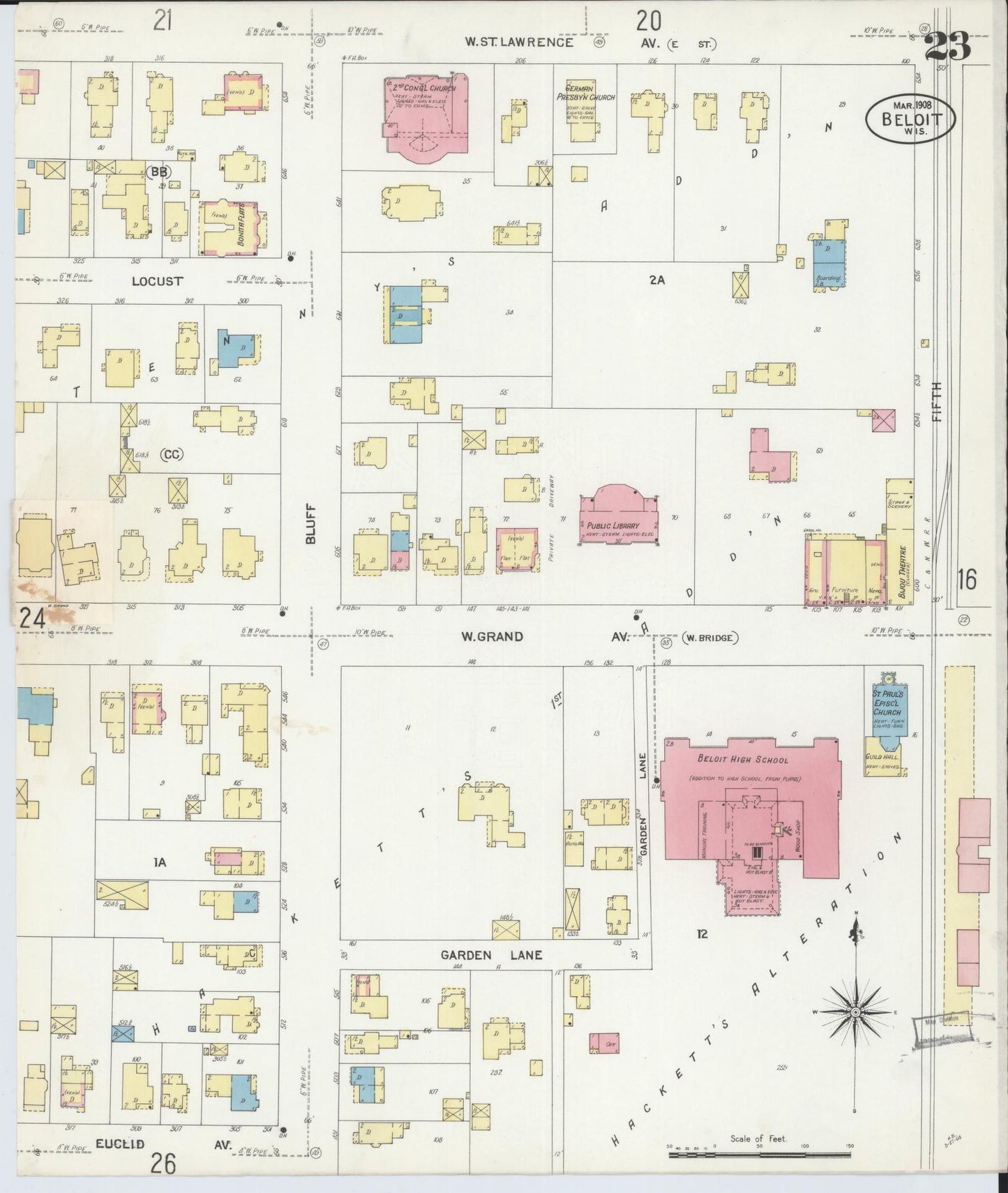 Sanborn Fire Insurance Map from Beloit, Rock County, Wisconsin (1908), Sheet #0023 - Historic Sanborn Fire Insurance Map Print, vintage old map wall art, antique decor, genealogy gift, Wisconsin Wisconsin map