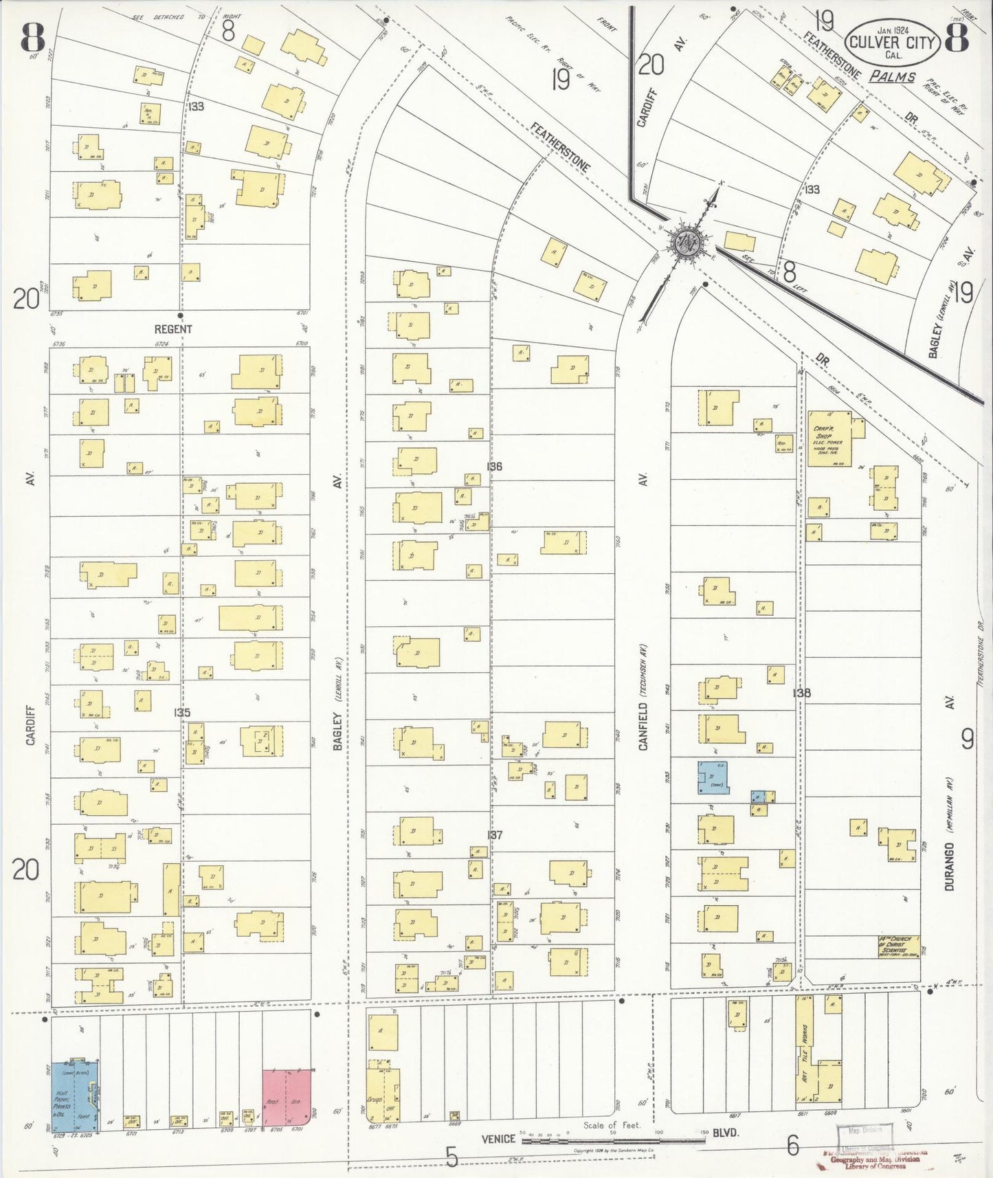 Sanborn Fire Insurance Map from Culver City, Los Angeles County, California (1924), Sheet #0008 - Complete Map Set gallery image, historic Sanborn map, vintage wall art, California California