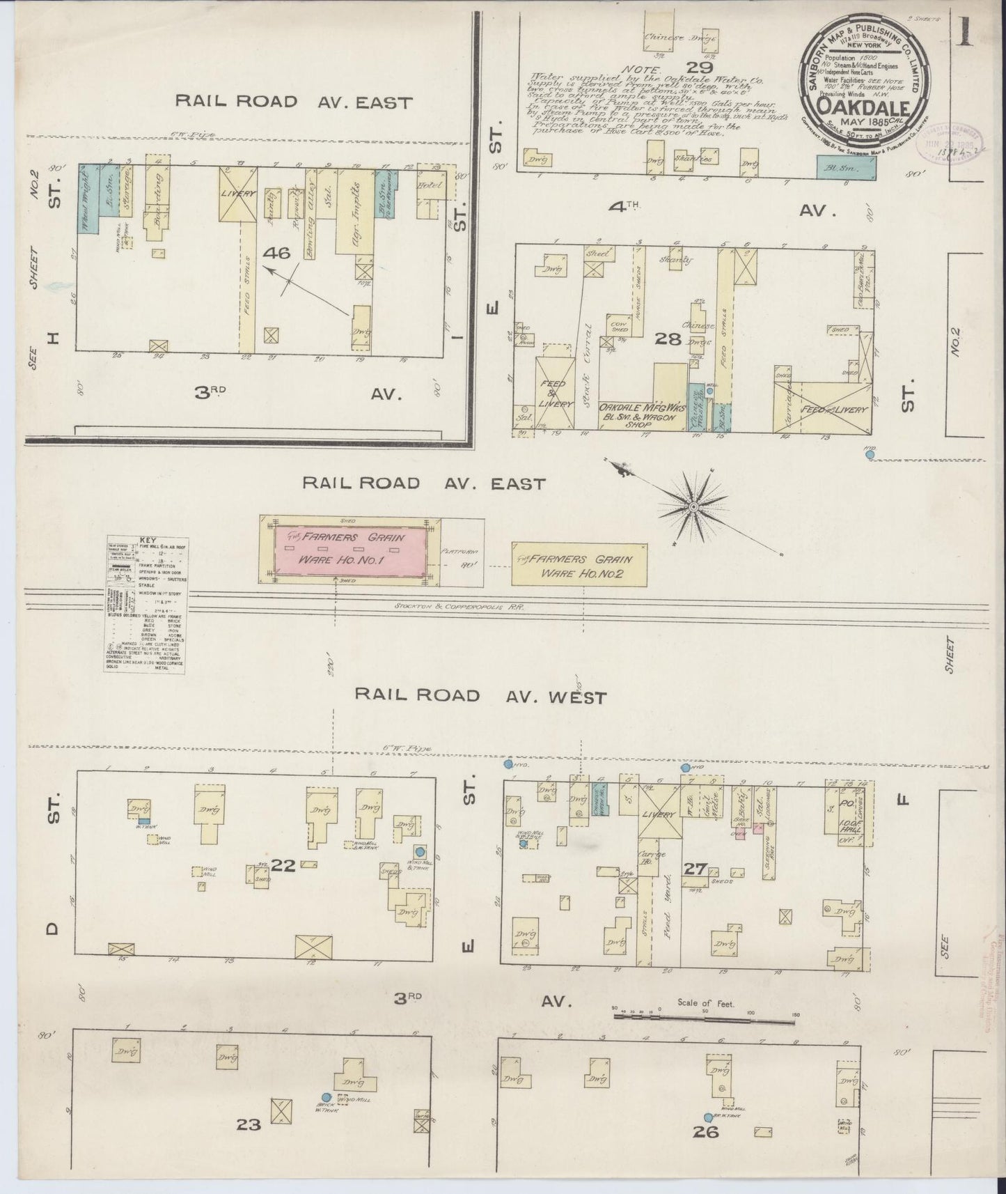 Sanborn Fire Insurance Map from Oakdale, Stanislaus County, California (1885), Sheet #0001 - Historic Sanborn Fire Insurance Map Print, vintage old map wall art, antique decor, genealogy gift, California California map