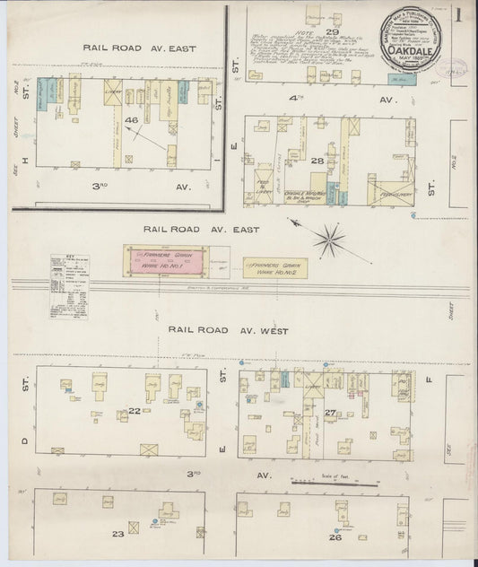 Sanborn Fire Insurance Map from Oakdale, Stanislaus County, California (1885), Sheet #0001 - Historic Sanborn Fire Insurance Map Print, vintage old map wall art, antique decor, genealogy gift, California California map