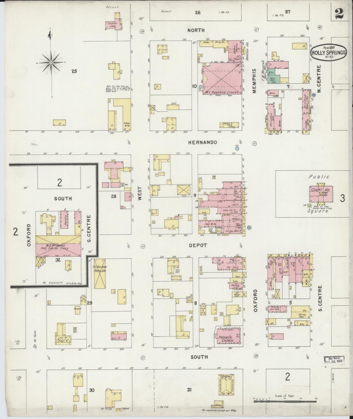 Sanborn Fire Insurance Map from Holly Springs, Marshall County, Mississippi (1897), Sheet #0002 - Historic Sanborn Fire Insurance Map Print, vintage old map wall art, antique decor, genealogy gift, Mississippi Mississippi map