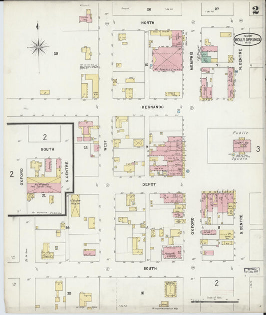 Sanborn Fire Insurance Map from Holly Springs, Marshall County, Mississippi (1897), Sheet #0002 - Historic Sanborn Fire Insurance Map Print, vintage old map wall art, antique decor, genealogy gift, Mississippi Mississippi map
