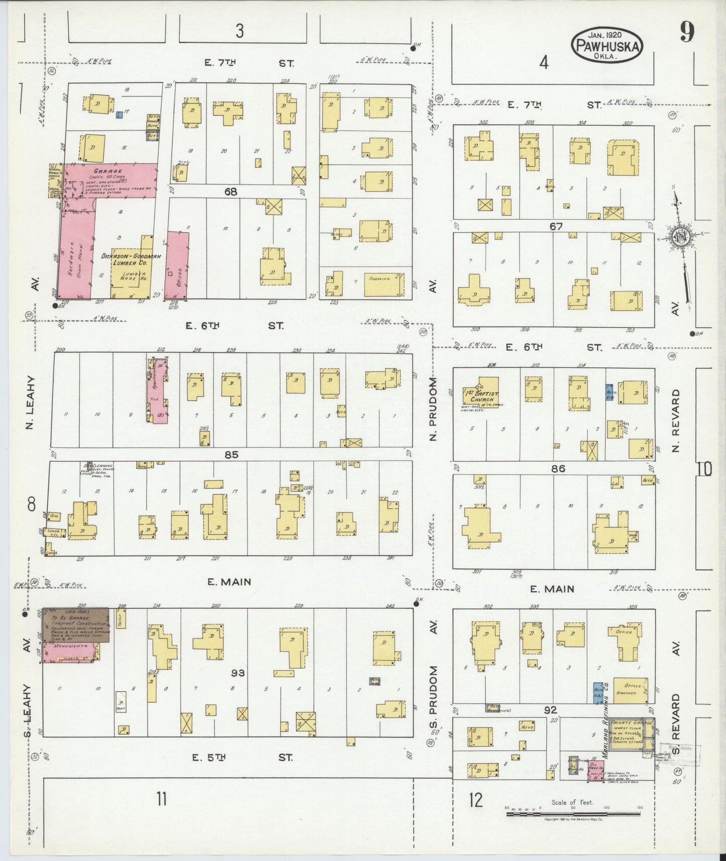 Sanborn Fire Insurance Map from Pawhuska, Osage County, Oklahoma (1920), Sheet #0009 - Complete Map Set gallery image, historic Sanborn map, vintage wall art, Oklahoma Oklahoma